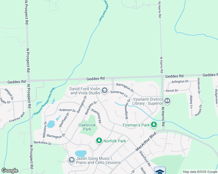 map of restaurants, bars, coffee shops, grocery stores, and more near 8597 Somerset Lane in Superior Charter Township