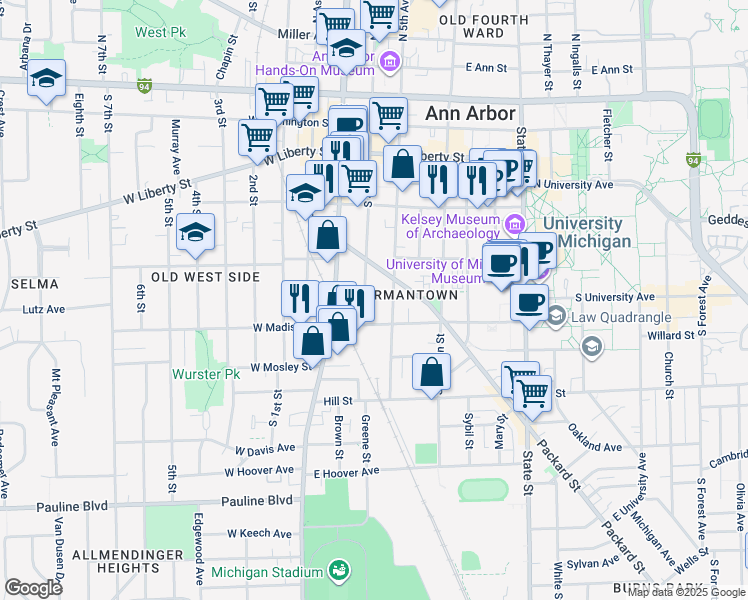 map of restaurants, bars, coffee shops, grocery stores, and more near 554 South 5th Avenue in Ann Arbor