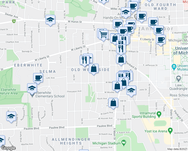 map of restaurants, bars, coffee shops, grocery stores, and more near 544 3rd Street in Ann Arbor