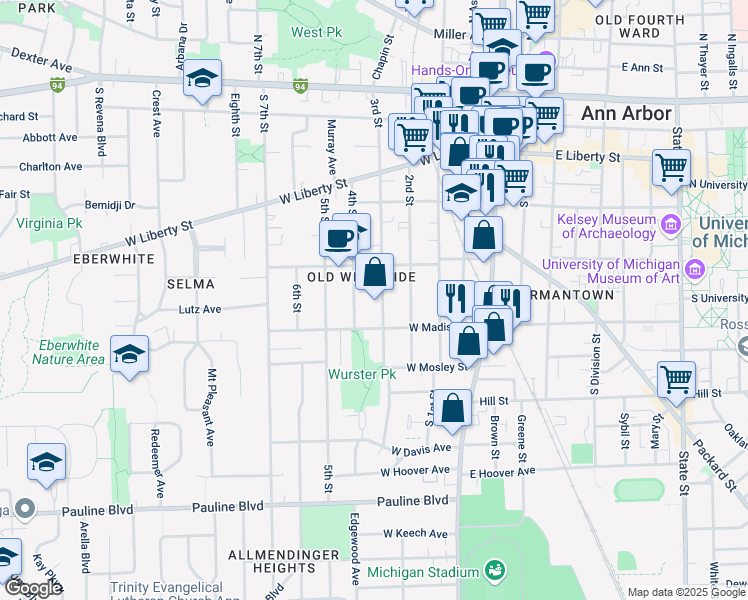 map of restaurants, bars, coffee shops, grocery stores, and more near 544 3rd Street in Ann Arbor