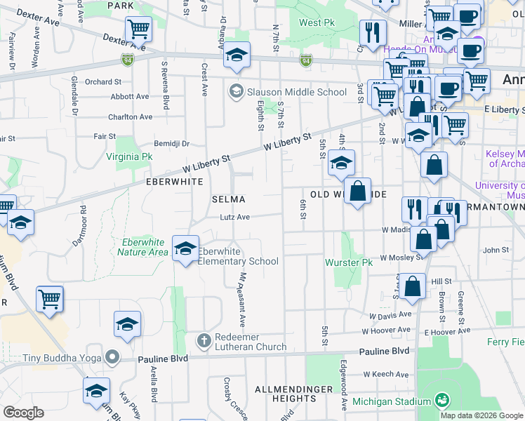 map of restaurants, bars, coffee shops, grocery stores, and more near 1107 Lutz Avenue in Ann Arbor