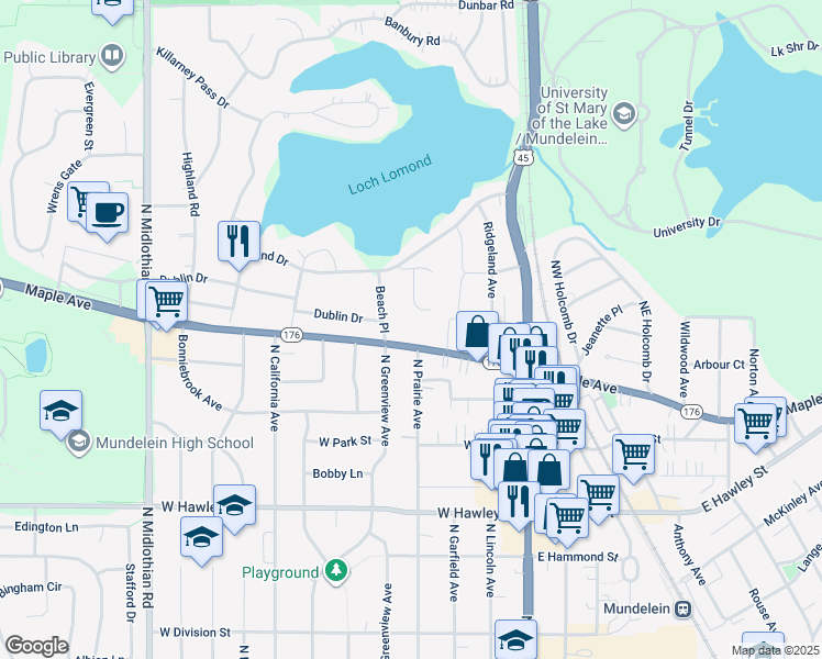 map of restaurants, bars, coffee shops, grocery stores, and more near 220 West Maple Avenue in Mundelein