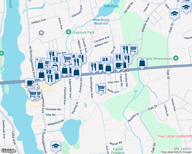 map of restaurants, bars, coffee shops, grocery stores, and more near 246 Boston Turnpike in Shrewsbury