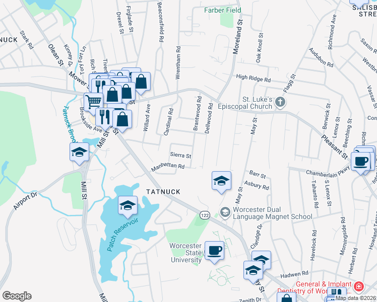 map of restaurants, bars, coffee shops, grocery stores, and more near 89 Brantwood Road in Worcester