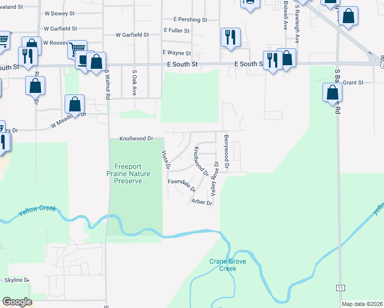 map of restaurants, bars, coffee shops, grocery stores, and more near 104 Briar Court in Freeport