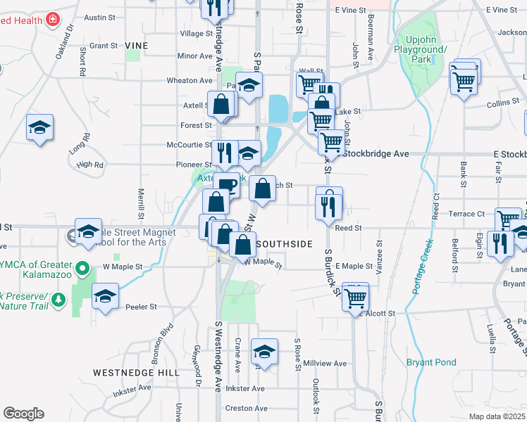 map of restaurants, bars, coffee shops, grocery stores, and more near 1727 South Park Street in Kalamazoo