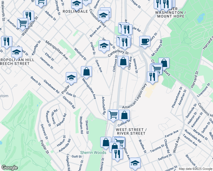 map of restaurants, bars, coffee shops, grocery stores, and more near 133 Grew Avenue in Boston