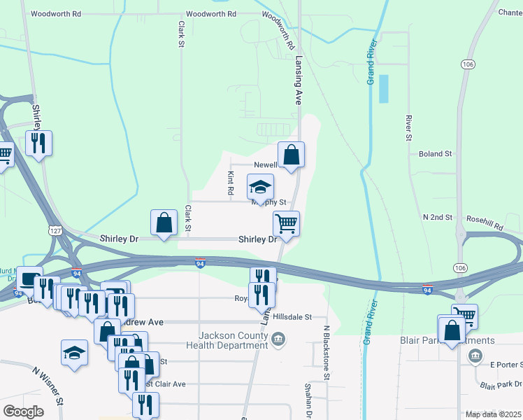 map of restaurants, bars, coffee shops, grocery stores, and more near 559 Murphy Street in Jackson