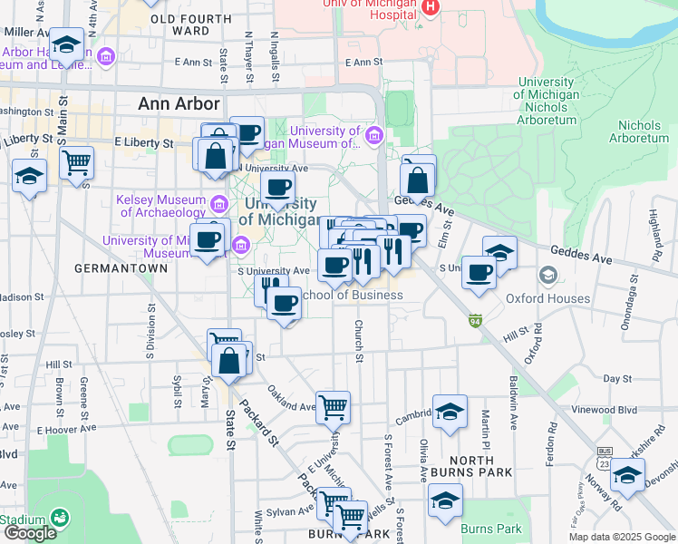 map of restaurants, bars, coffee shops, grocery stores, and more near 407 East University Avenue in Ann Arbor