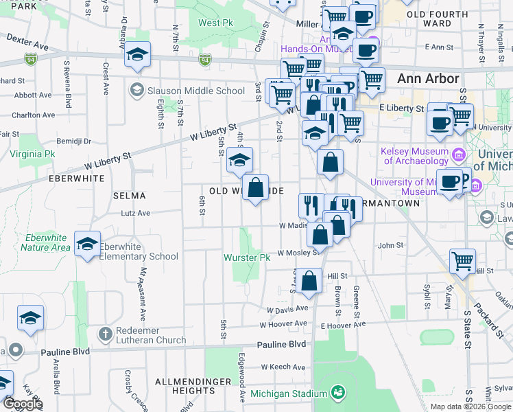 map of restaurants, bars, coffee shops, grocery stores, and more near 544 3rd Street in Ann Arbor