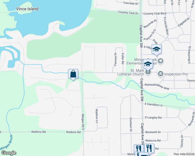 map of restaurants, bars, coffee shops, grocery stores, and more near 53 North Minges Road in Battle Creek