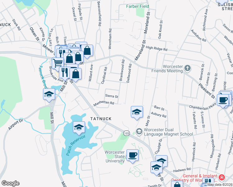 map of restaurants, bars, coffee shops, grocery stores, and more near 89 Brantwood Road in Worcester