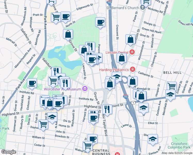 map of restaurants, bars, coffee shops, grocery stores, and more near 72 Grove Street in Worcester