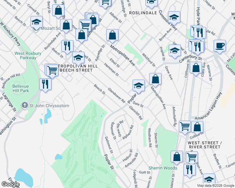 map of restaurants, bars, coffee shops, grocery stores, and more near 41 Glendower Road in Boston