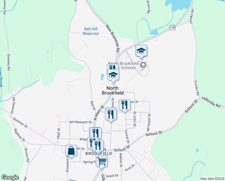 map of restaurants, bars, coffee shops, grocery stores, and more near in North Brookfield