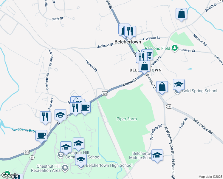 map of restaurants, bars, coffee shops, grocery stores, and more near 2 Massachusetts 21 in Belchertown
