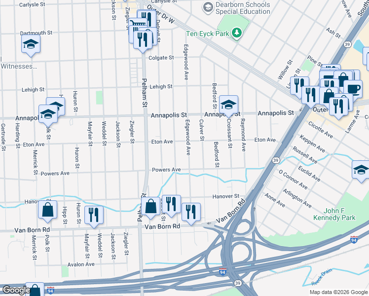 map of restaurants, bars, coffee shops, grocery stores, and more near 4957 Edgewood Street in Dearborn Heights