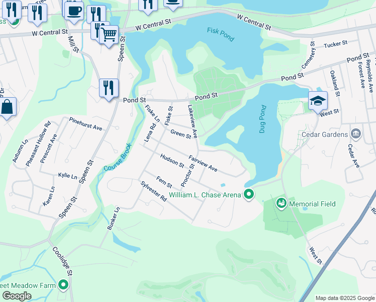 map of restaurants, bars, coffee shops, grocery stores, and more near 3 Proctor Street in Natick