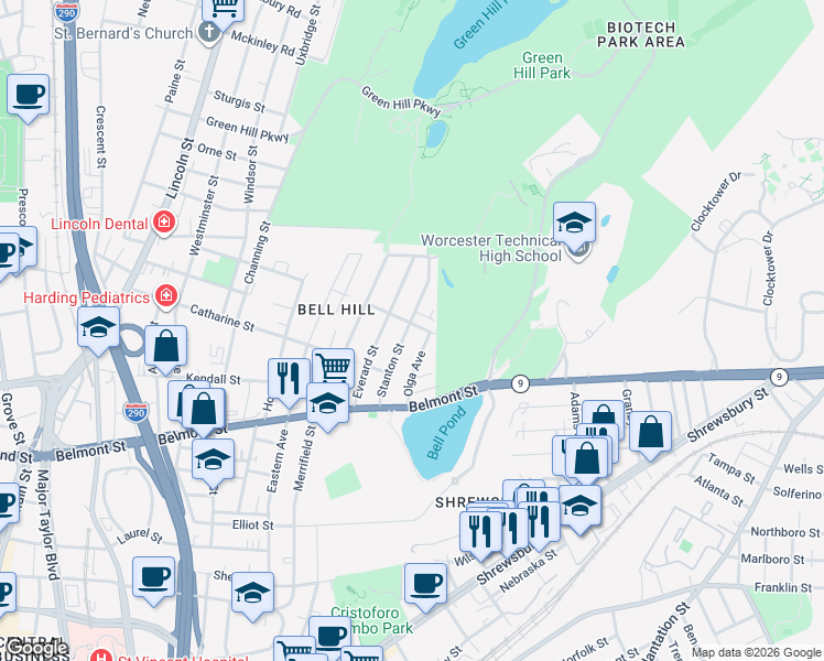 map of restaurants, bars, coffee shops, grocery stores, and more near 26 Vinson Street in Worcester
