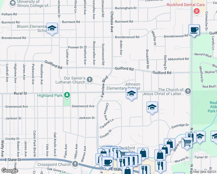 map of restaurants, bars, coffee shops, grocery stores, and more near 3515 Corbridge Lane in Rockford