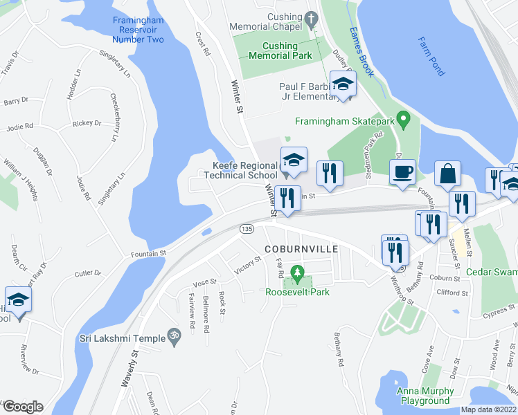 map of restaurants, bars, coffee shops, grocery stores, and more near 216B Fountain Street in Framingham
