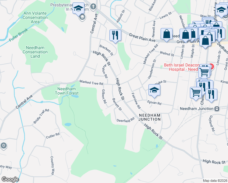 map of restaurants, bars, coffee shops, grocery stores, and more near 36 Barrett Street in Needham