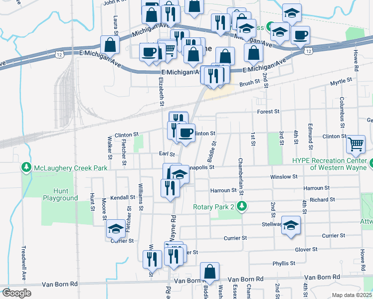 map of restaurants, bars, coffee shops, grocery stores, and more near 4459 South Wayne Road in Wayne