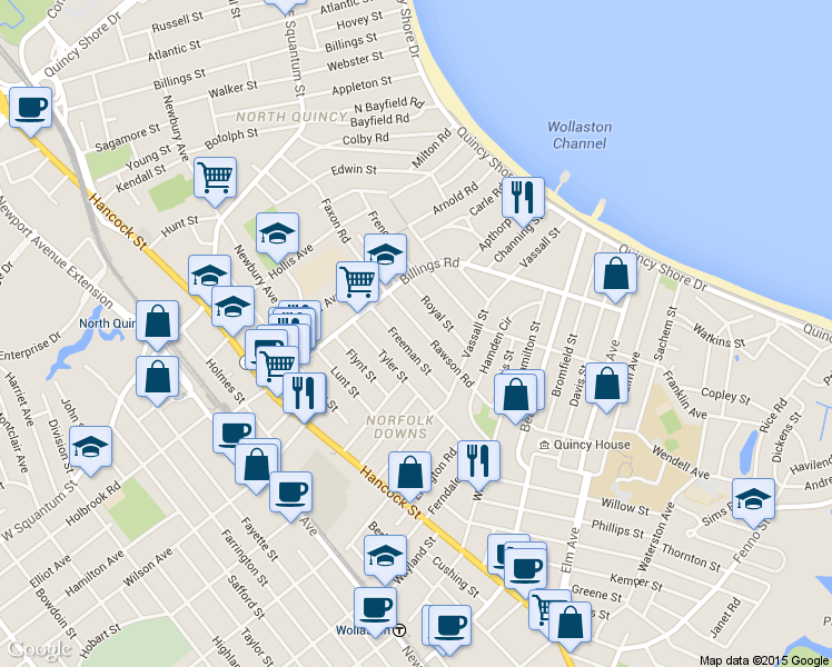 map of restaurants, bars, coffee shops, grocery stores, and more near 59 Rawson Road in Quincy