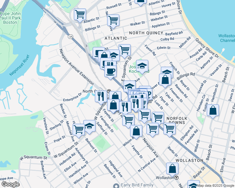 map of restaurants, bars, coffee shops, grocery stores, and more near 24 Holmes Street in Quincy