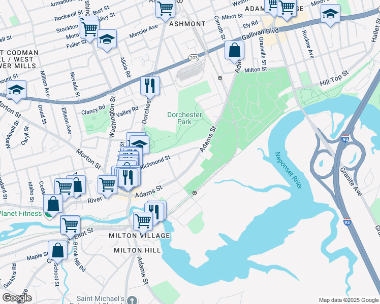 map of restaurants, bars, coffee shops, grocery stores, and more near 1078 Adams Street in Boston