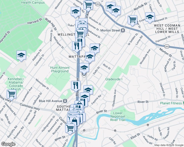 map of restaurants, bars, coffee shops, grocery stores, and more near 220 Delhi Street in Boston