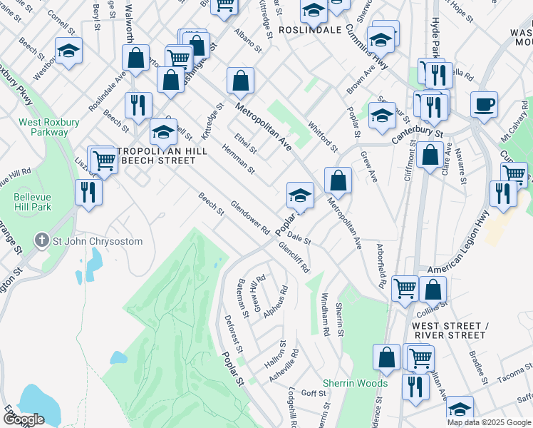 map of restaurants, bars, coffee shops, grocery stores, and more near 479 Poplar Street in Boston