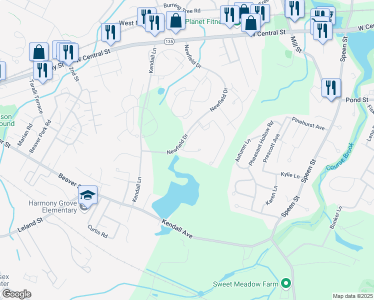 map of restaurants, bars, coffee shops, grocery stores, and more near 7 Thoreau Court in Natick