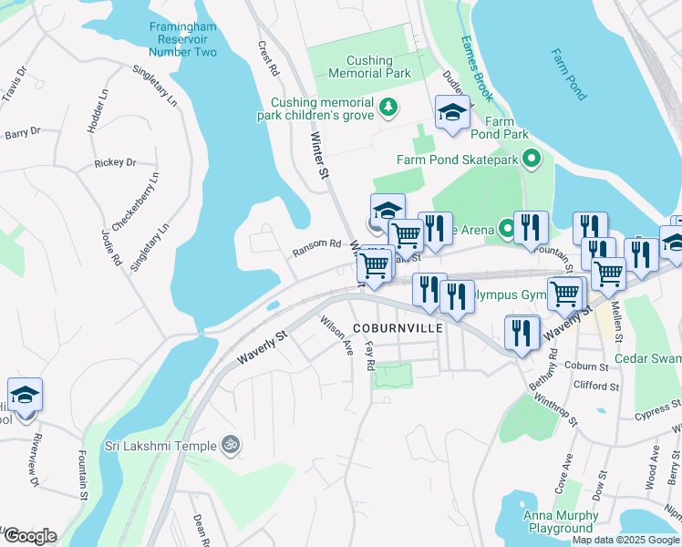 map of restaurants, bars, coffee shops, grocery stores, and more near 216B Fountain Street in Framingham