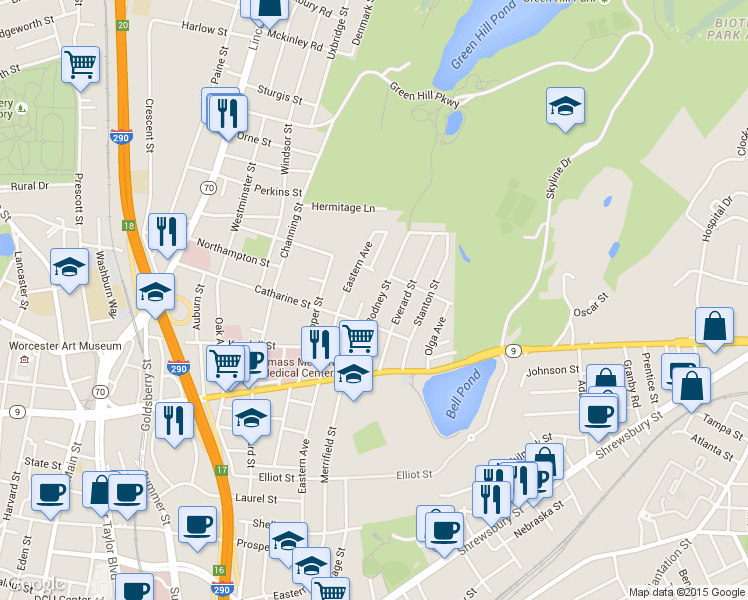 map of restaurants, bars, coffee shops, grocery stores, and more near 57 Rodney Street in Worcester