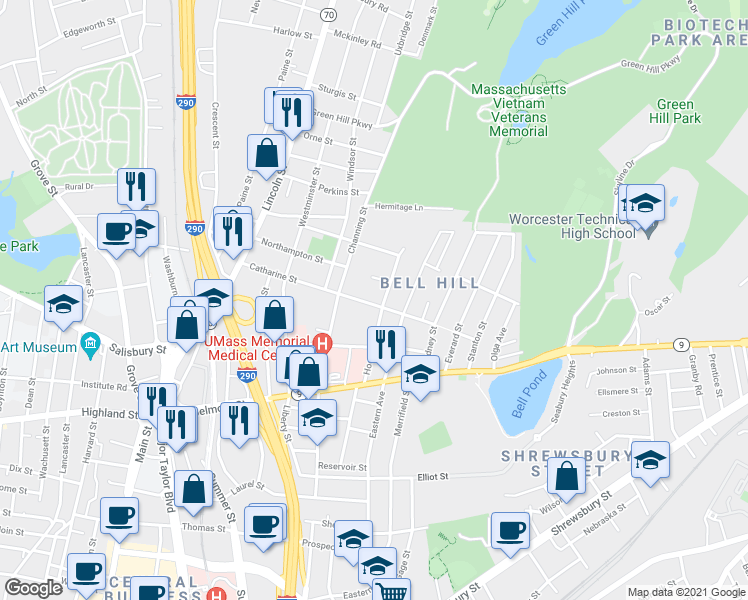 map of restaurants, bars, coffee shops, grocery stores, and more near 31 Hooper Street in Worcester