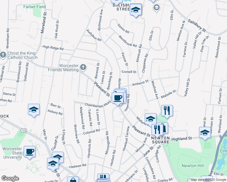 map of restaurants, bars, coffee shops, grocery stores, and more near 2 Ureco Terrace in Worcester