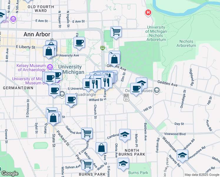map of restaurants, bars, coffee shops, grocery stores, and more near 1300 South University Avenue in Ann Arbor