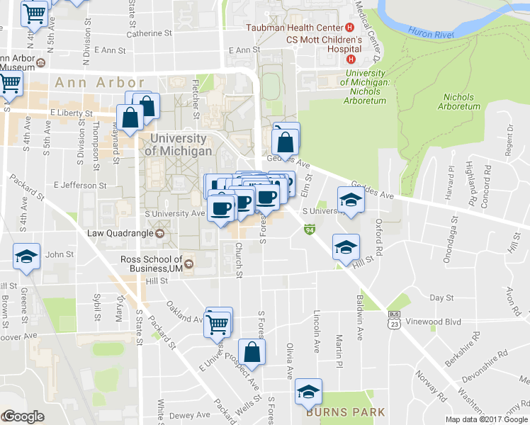 map of restaurants, bars, coffee shops, grocery stores, and more near 1300 South University Avenue in Ann Arbor