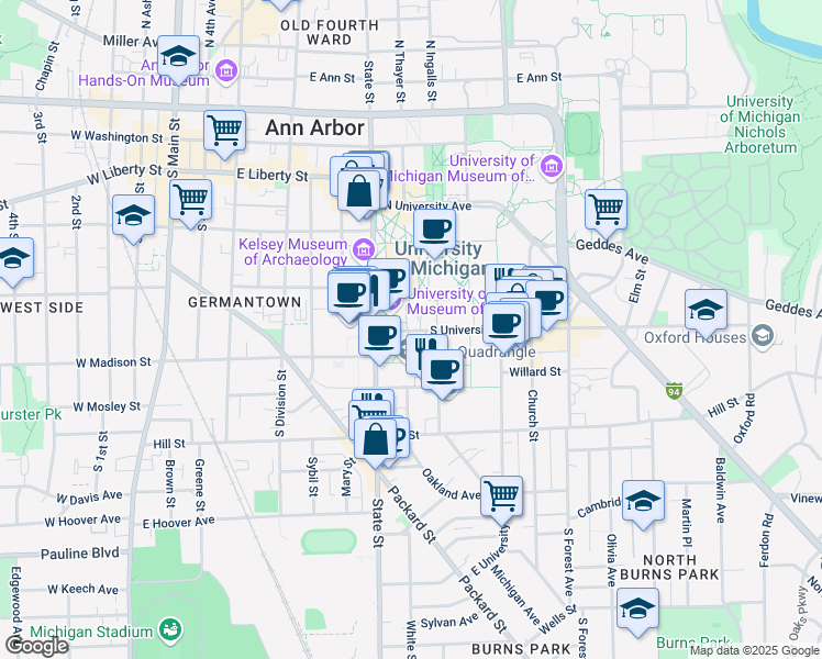 map of restaurants, bars, coffee shops, grocery stores, and more near 625 South State Street in Ann Arbor