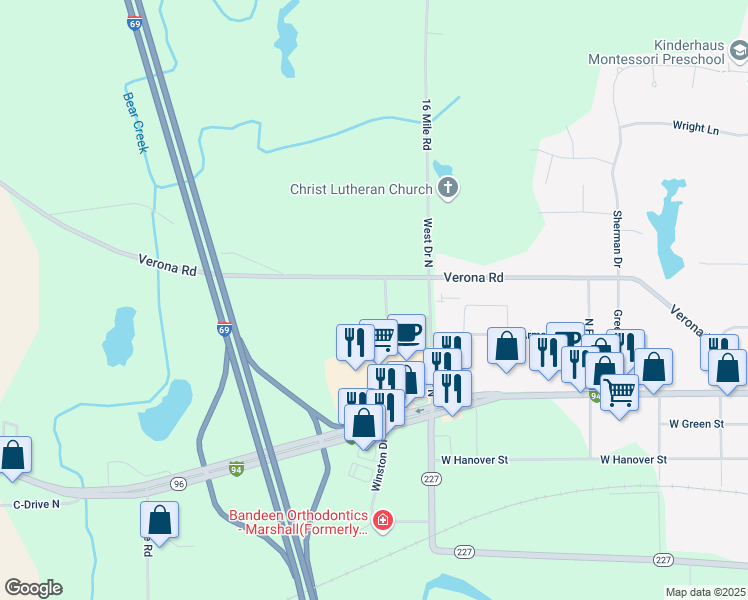 map of restaurants, bars, coffee shops, grocery stores, and more near 180 West Drive South in Marshall