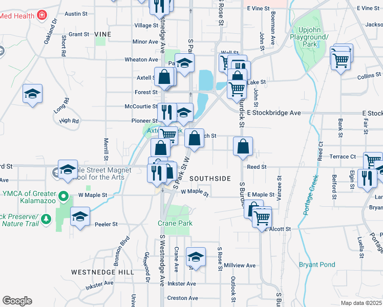 map of restaurants, bars, coffee shops, grocery stores, and more near 1727 South Park Street in Kalamazoo