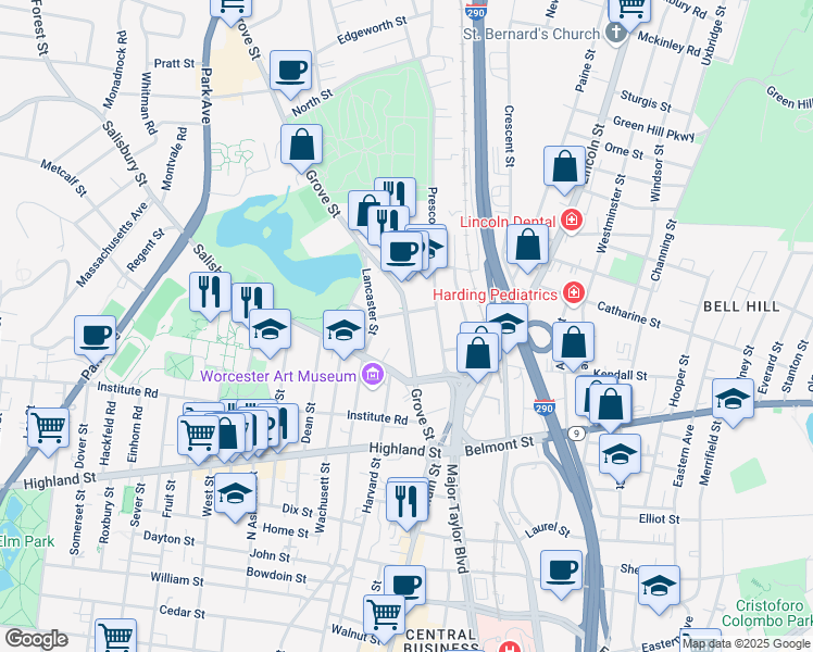 map of restaurants, bars, coffee shops, grocery stores, and more near 72 Grove Street in Worcester