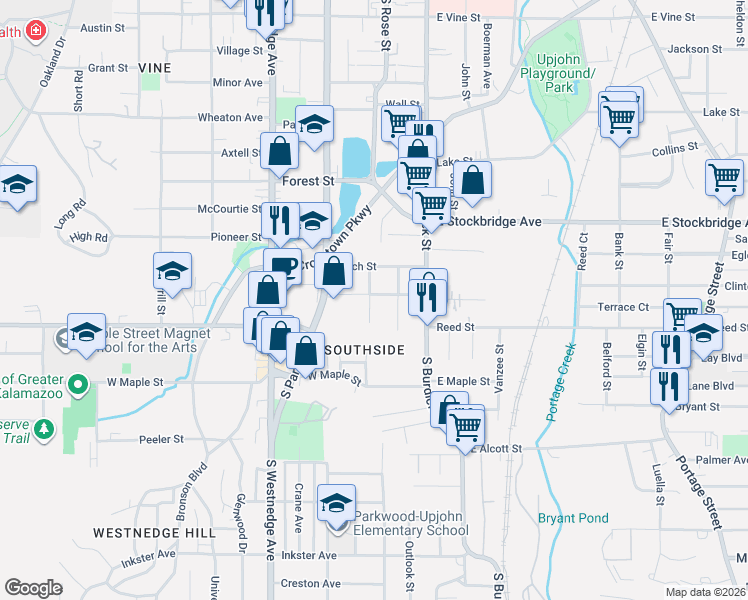 map of restaurants, bars, coffee shops, grocery stores, and more near 1714 South Park Street West in Kalamazoo