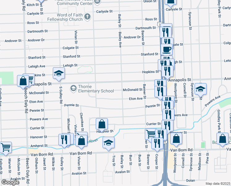 map of restaurants, bars, coffee shops, grocery stores, and more near 24624 Eton Avenue in Dearborn Heights