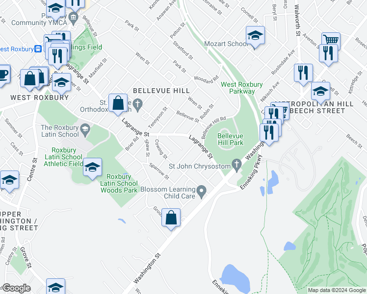 map of restaurants, bars, coffee shops, grocery stores, and more near 14 Loyola Circle in Boston