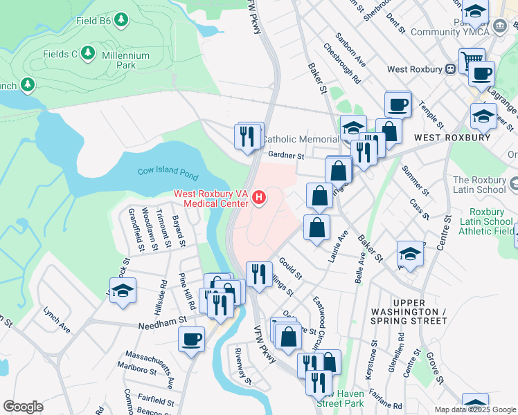 map of restaurants, bars, coffee shops, grocery stores, and more near 1400 VFW Parkway in Boston