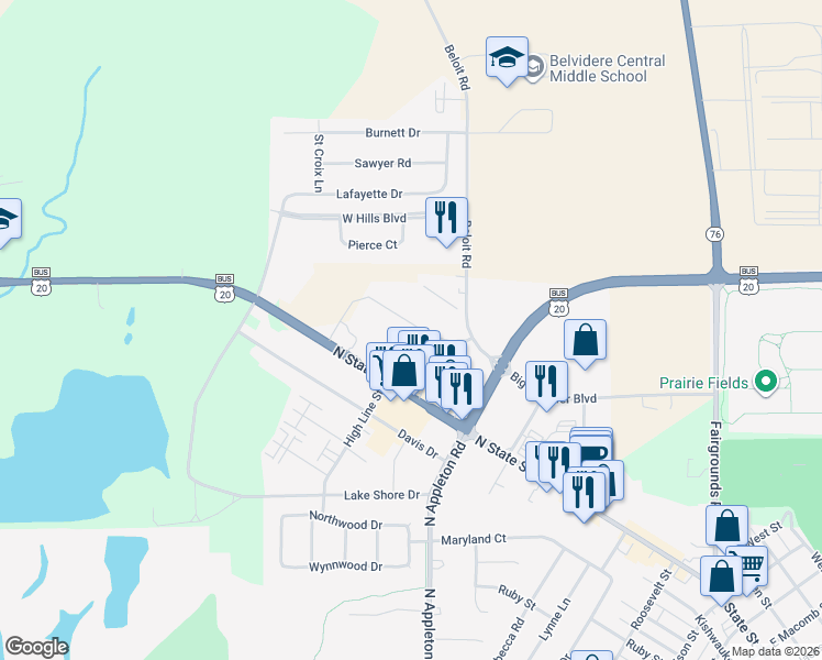 map of restaurants, bars, coffee shops, grocery stores, and more near 1800 Doc Wolf Drive in Belvidere