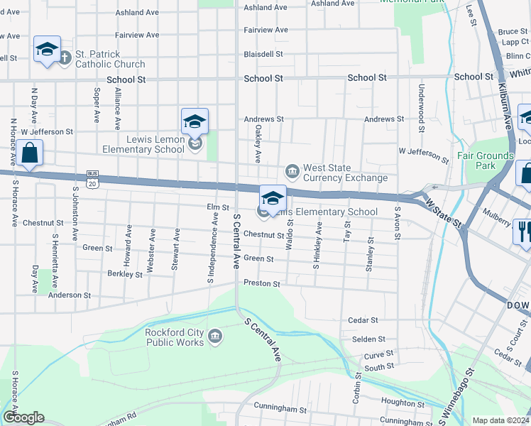 map of restaurants, bars, coffee shops, grocery stores, and more near 222 South Central Avenue in Rockford