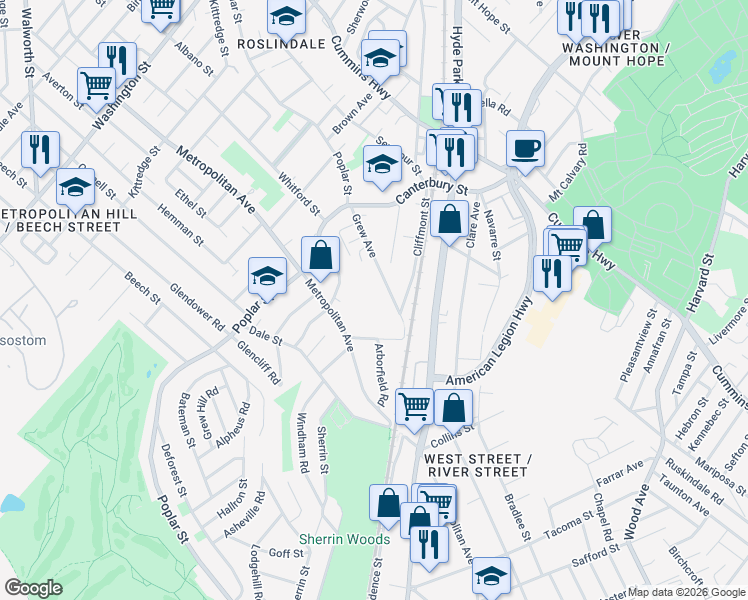 map of restaurants, bars, coffee shops, grocery stores, and more near 119 Grew Avenue in Boston